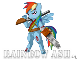 Size: 1164x911 | Tagged: safe, artist:shadowninja976, derpibooru import, rainbow dash, pegasus, pony, ash williams, blood, boomstick, chainsaw, crossover, evil dead, gun, pun, shotgun, solo, weapon