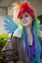 Size: 1280x1920 | Tagged: safe, artist:jennabrowne, rainbow dash, human, 80s hair, cosplay, irl, irl human, photo, solo