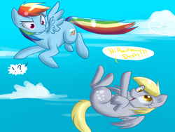 Size: 1600x1200 | Tagged: safe, artist:annakitsun3, derpibooru import, derpy hooves, rainbow dash, pegasus, pony, female, flying, mare