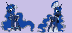 Size: 3156x1440 | Tagged: safe, artist:rosefang16, prince artemis, princess luna, alicorn, pony, armor, beard, chest fluff, crown, ear fluff, ear piercing, earring, eyeshadow, facial hair, fangs, feather, female, headdress, helmet, hoof shoes, jewelry, leg fluff, makeup, male, mare, piercing, purple background, regalia, rule 63, simple background, solo, stallion, trans boy, transgender, wing fluff