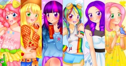 Size: 5950x3150 | Tagged: safe, artist:monicherrie, derpibooru import, applejack, fluttershy, gummy, pinkie pie, rainbow dash, rarity, twilight sparkle, clothes, dress, humanized, mane six, midriff, skirt