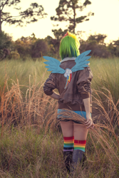 Size: 936x1404 | Tagged: safe, artist:norikat, rainbow dash, human, back, clothes, cosplay, grass, irl, irl human, jacket, photo, solo