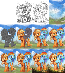 Size: 2560x2880 | Tagged: safe, artist:assasinmonkey, derpibooru import, part of a set, applejack, rainbow dash, earth pony, pegasus, pony, art progress, cowboy hat, crossed hooves, hat, open mouth, outdoors, process, progress, raised hoof, sketch, stetson, wip