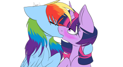 Size: 1980x1080 | Tagged: safe, artist:twilighttchan, derpibooru import, rainbow dash, twilight sparkle, pegasus, pony, blushing, eyes closed, female, kissing, lesbian, shipping, simple background, twidash, white background