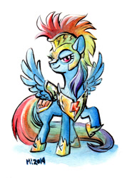 Size: 713x1000 | Tagged: safe, artist:mamath, rainbow dash, pegasus, pony, armor, blue coat, female, mare, multicolored mane, solo