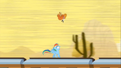 Size: 1366x768 | Tagged: safe, screencap, little strongheart, rainbow dash, buffalo, pegasus, pony, over a barrel, cactus, desert, duo, female, jumping, mare, raised hoof, saguaro cactus, shocked