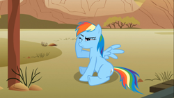 Size: 1366x768 | Tagged: safe, screencap, rainbow dash, pegasus, pony, over a barrel, blue coat, female, mare, multicolored mane, solo