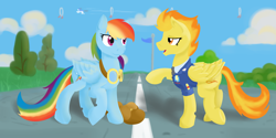 Size: 2000x1000 | Tagged: safe, artist:geomancing, derpibooru import, rainbow dash, soarin', spitfire, pegasus, pony, wonderbolts academy, goggles