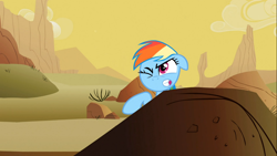 Size: 1366x768 | Tagged: safe, screencap, rainbow dash, pegasus, pony, over a barrel, desert, solo