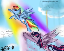 Size: 1280x1024 | Tagged: safe, artist:jaytheartsypone, derpibooru import, rainbow dash, twilight sparkle, twilight sparkle (alicorn), alicorn, pegasus, pony, flying