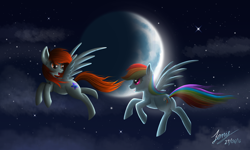 Size: 5000x3000 | Tagged: safe, artist:duskie-06, derpibooru import, rainbow dash, oc, oc:linormusicbeat, pegasus, pony, absurd resolution, flying, moon, night