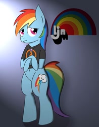 Size: 751x960 | Tagged: safe, artist:dark-southern-rebel, rainbow dash, pegasus, pony, belly button, bipedal, clothes, female, gamerdash, half-life, ljn, mare, shirt, simple background, solo, video game, wingless