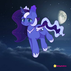 Size: 1080x1080 | Tagged: safe, artist:hapinkie, princess luna, alicorn, pony, alternate style, cloud, crown, jewelry, magic, moon, night, regalia, solo, younger