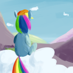 Size: 700x700 | Tagged: safe, artist:goat train, rainbow dash, pegasus, pony, back, cloud, cloudy, sitting, solo