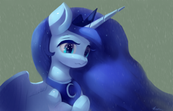 Size: 4200x2700 | Tagged: safe, artist:auroriia, princess luna, alicorn, pony, bust, crown, cute, female, gray background, high res, jewelry, lunabetes, mare, rain, regalia, simple background, solo