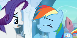 Size: 1366x690 | Tagged: safe, screencap, rainbow dash, rarity, pegasus, pony, unicorn, the crystal empire, laughing