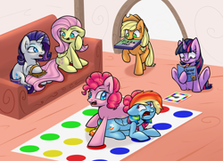 Size: 1800x1300 | Tagged: safe, artist:slavedemorto, derpibooru import, applejack, fluttershy, pinkie pie, rainbow dash, rarity, twilight sparkle, earth pony, pegasus, pony, unicorn, brushing, mane six, pizza box, sofa, twister