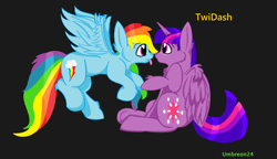 Size: 3312x1908 | Tagged: safe, artist:umbreon24, rainbow dash, twilight sparkle, twilight sparkle (alicorn), alicorn, pegasus, pony, blushing, female, flying, lesbian, mare, shipping, sitting, tongue out, twidash