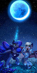 Size: 2550x5009 | Tagged: safe, artist:pridark, princess luna, oc, alicorn, bat pony, amazed, bat pony oc, bat wings, commission, duo, grass, high res, looking up, moon, night, night sky, sky, stars, wings