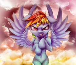 Size: 5000x4259 | Tagged: safe, artist:ferasor, derpibooru import, rainbow dash, pegasus, pony, absurd resolution, belly button, evil grin, flying, looking at you, solo