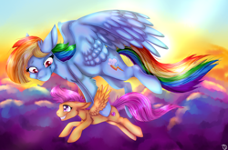 Size: 1024x674 | Tagged: safe, artist:auraeyes, derpibooru import, rainbow dash, scootaloo, pegasus, pony, cloud, cutie mark, flying, scootaloo can't fly, scootalove, the cmc's cutie marks