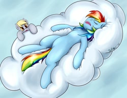 Size: 963x744 | Tagged: safe, artist:swordkirby, derpy hooves, rainbow dash, pegasus, pony, cloud, female, mare, sleeping