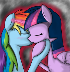 Size: 1000x1030 | Tagged: safe, artist:geneticanomaly, rainbow dash, twilight sparkle, twilight sparkle (alicorn), alicorn, pegasus, pony, female, kissing, lesbian, magic, mare, shipping, twidash