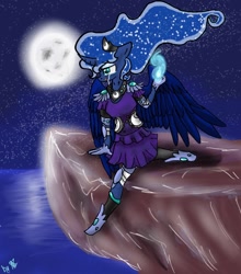 Size: 900x1024 | Tagged: safe, artist:kiwwsplash, princess luna, alicorn, anthro, unguligrade anthro, boots, cliff, clothes, colored, crying, ethereal mane, full moon, gloves, glowing hands, jewelry, moon, night, ocean, shoes, sitting, skirt, solo, starry mane, stars, tiara