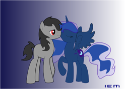 Size: 1064x759 | Tagged: safe, artist:snowmoon333, king sombra, princess luna, alicorn, pony, unicorn, eyes closed, kissing, lumbra, shipping, straight