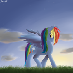 Size: 1600x1600 | Tagged: safe, artist:emiliearts, rainbow dash, pegasus, pony, detailed background, female, mare, solo