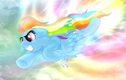 Size: 1420x900 | Tagged: safe, artist:joakaha, rainbow dash, pegasus, pony, flying, solo, sonic rainboom