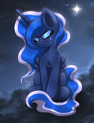 Size: 1000x1300 | Tagged: safe, artist:joakaha, princess luna, alicorn, pony, chest fluff, crying, eyes closed, female, mare, night, sad, sitting, sky, solo, stars