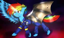 Size: 1500x900 | Tagged: safe, artist:sanddy273, derpibooru import, rainbow dash, pegasus, pony, the cutie re-mark, alternate timeline, apocalypse dash, crystal war timeline, solo, torn ear