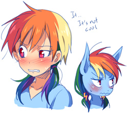 Size: 456x401 | Tagged: safe, artist:megarexetera, rainbow dash, human, alternate hairstyle, blushing, bust, human ponidox, humanized, light skin, pigtails, portrait, simple background, solo, tsunderainbow, tsundere, wavy mouth, white background