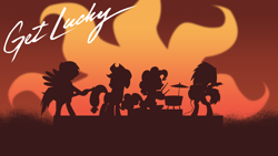 Size: 1920x1080 | Tagged: safe, artist:rdbrony16, derpibooru import, applejack, dj pon-3, pinkie pie, rainbow dash, vinyl scratch, earth pony, pegasus, pony, unicorn, background pony, bass guitar, daft punk, drums, female, get lucky, guitar, mare, musical instrument, nile rodgers, parody, pharrell williams, ponified, ponified single cover, single cover, wallpaper