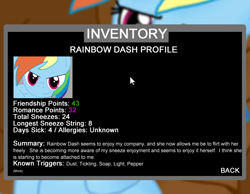 Size: 900x700 | Tagged: safe, artist:sie, rainbow dash, pegasus, pony, concept art, game, gameplay, inventory, profile, sneezing in equestria