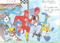 Size: 2106x1528 | Tagged: safe, artist:kinec, derpibooru import, rainbow dash, pegasus, pony, ben 10, crossover, delsin rowe, infamous second son, looney tunes, road runner, sonic the hedgehog, sonic the hedgehog (series), speedy gonzales, spongebob squarepants, the flash, the quickster, xlr8