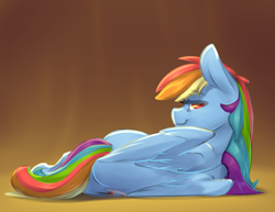 Size: 1024x791 | Tagged: safe, artist:northernsprint, derpibooru import, rainbow dash, pegasus, pony, bedroom eyes, cute, dashabetes, female, gradient background, looking at you, looking back, lying down, mare, on side, smiling, solo