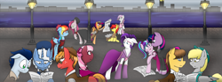 Size: 1940x724 | Tagged: safe, artist:stuflox, derpibooru import, apple bloom, big macintosh, cheerilee, derpy hooves, pinkie pie, rainbow dash, rarity, scootaloo, soarin', starlight glimmer, sweetie belle, twilight sparkle, earth pony, pegasus, pony, unicorn, clothes, crossover, cutie mark crusaders, dr jekyll and mr hyde, dress, female, implied lesbian, implied raripie, implied shipping, lesbian, male, pinkamena diane pie, raripie, shipping, stallion