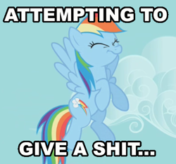 Size: 475x444 | Tagged: safe, artist:shadesmaclean, rainbow dash, pegasus, pony, caption, eyes closed, image macro, implied, reaction image, solo, vulgar