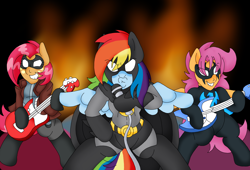 Size: 3000x2036 | Tagged: safe, artist:blackbewhite2k7, derpibooru import, babs seed, rainbow dash, scootaloo, pegasus, pony, band, batman, batmare, batmetal, bipedal, crossover, duckface, fire, guitar, microphone, older, parody, red hood