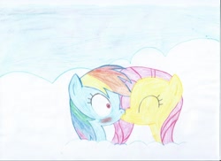 Size: 2338x1700 | Tagged: safe, artist:nejcrozi, derpibooru import, fluttershy, rainbow dash, pegasus, pony, blushing, cloud, female, flutterdash, kissing, lesbian, shipping, traditional art