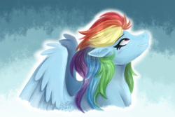 Size: 1500x1000 | Tagged: safe, artist:kikirdcz, derpibooru import, rainbow dash, pegasus, pony, cute, dashabetes, looking up, signature, smiling, solo