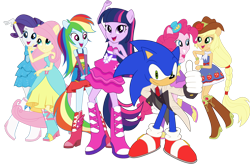 Size: 1620x1080 | Tagged: safe, artist:snicketbar, artist:sugar-loop, derpibooru import, edit, applejack, fluttershy, pinkie pie, rainbow dash, rarity, twilight sparkle, equestria girls, boots, bracelet, clothes, cowboy boots, cowboy hat, crossover, dress, fall formal outfits, hat, high heel boots, humane six, jewelry, mane six, sega, shoes, simple background, sonic the hedgehog, sonic the hedgehog (series), transparent background, vector, vector edit