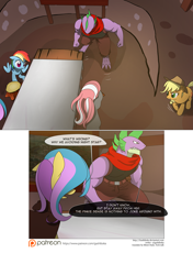 Size: 3541x5016 | Tagged: safe, artist:gashiboka, derpibooru import, applejack, rainbow dash, spike, oc, oc:gold lily, oc:night star, dragon, earth pony, pegasus, pony, unicorn, comic:recall the time of no return, absurd resolution, comic, older, older spike, patreon, patreon logo