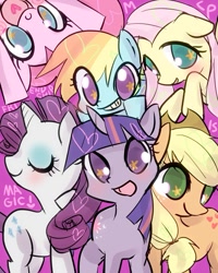 Size: 683x853 | Tagged: safe, artist:amnk, derpibooru import, applejack, fluttershy, pinkie pie, rainbow dash, rarity, twilight sparkle, unicorn twilight, earth pony, pegasus, pony, unicorn, cute, eyes closed, female, heart, looking at you, mane six, mare, open mouth, purple background, simple background, smiling, starry eyes, wingding eyes