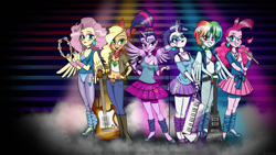 Size: 1920x1080 | Tagged: safe, artist:burning-heart-brony, derpibooru import, applejack, fluttershy, pinkie pie, rainbow dash, rarity, twilight sparkle, twilight sparkle (alicorn), alicorn, equestria girls, 80s, alternate hairstyle, bass guitar, drumsticks, glam rock, guitar, horn, keytar, leotard, mane six, microphone, musical instrument, rock band, wings