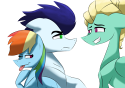 Size: 3484x2456 | Tagged: safe, artist:sapphireartemis, derpibooru import, rainbow dash, soarin', zephyr breeze, pegasus, pony, female, jealous soarin', male, shipping, simple background, soarindash, straight, this will end in pain, this will end in tears, transparent background