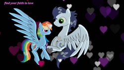 Size: 1024x576 | Tagged: safe, artist:rosieledash, derpibooru import, rainbow dash, soarin', pegasus, pony, backwards cutie mark, female, floating heart, heart, male, shipping, soarindash, straight