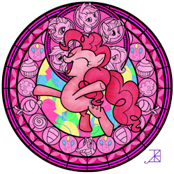 Size: 1600x1600 | Tagged: safe, artist:akili-amethyst, derpibooru import, applejack, fluttershy, gummy, pinkie pie, rainbow dash, rarity, twilight sparkle, earth pony, pegasus, pony, unicorn, dive to the heart, female, group, kingdom hearts, stained glass